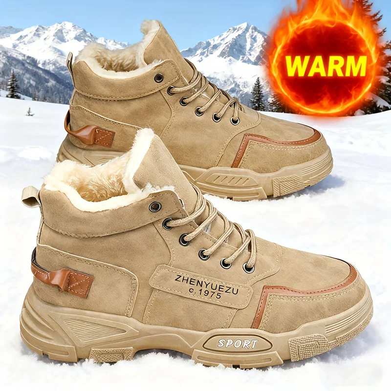 Men Winter High Top Boots Warm Fleece Lined Anti Slip Rubber Sole Casual Work Outdoor Ankle Shoes for Walking Hiking Daily Wears