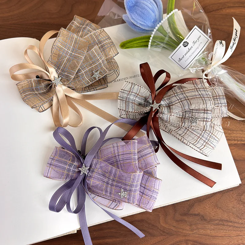 1pc Vintage Plaid Bow Ribbon Banana Clip Korean Style Vertical Hair Claw for Women High Ponytail Holder Early Spring Chic