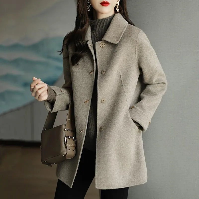 

Elegant Women's Overcoat Solid New Pocket Loose Warm Autumn/Winter Jacket Women Promotion Slim Long Sleeved Wool Coat Women