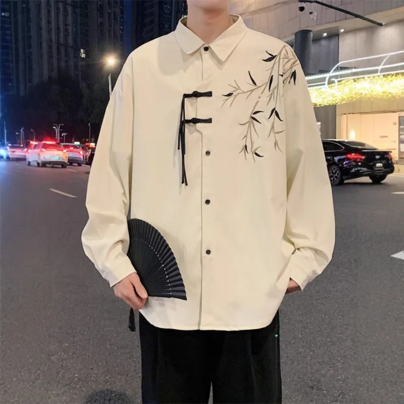 Chinese-style Bamboo Embroidery Long-sleeved Shirt Versatile New Chinese-style Spring Autumn New Ancient-style Men Shirt Trendy