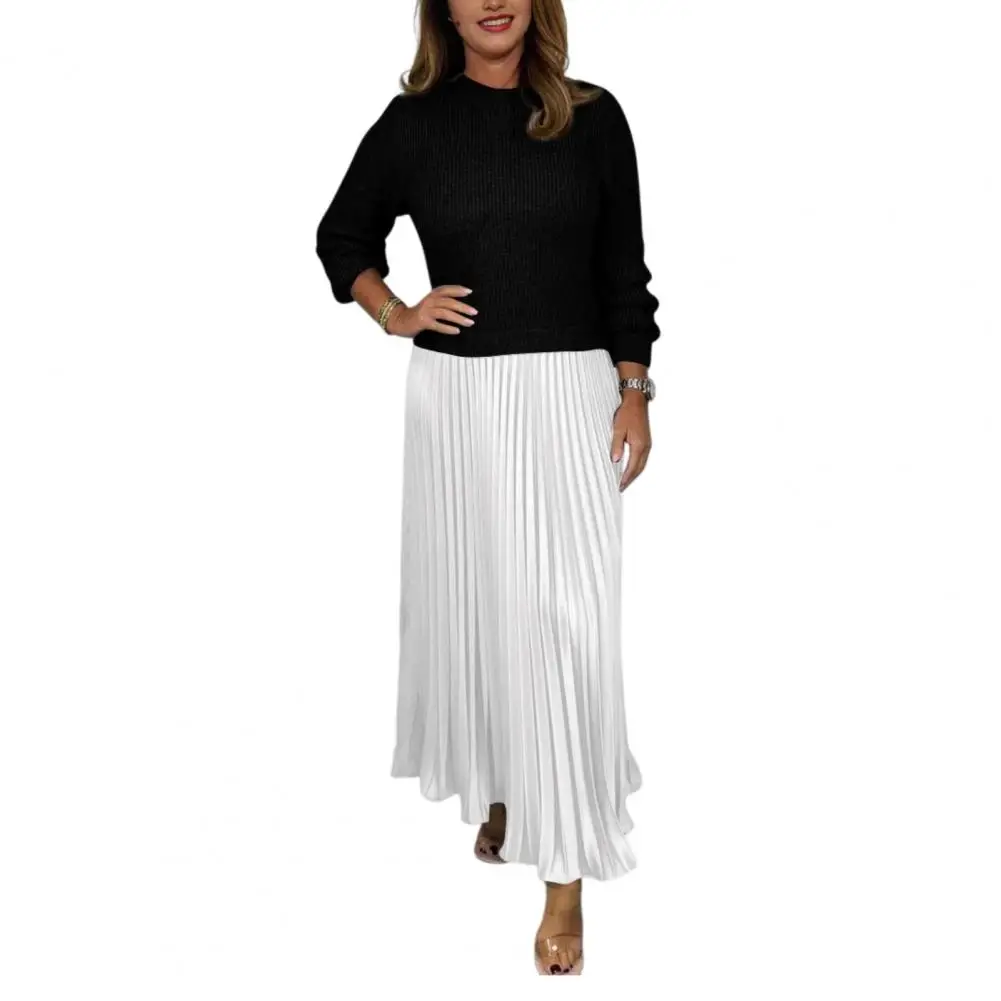 Women's Skirt Line Crewneck Long-sleeved Pleated Skirt Contrast Color False Two-piece Set Loose Skirt Daily Wear Commuting