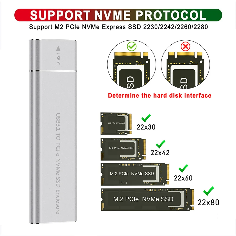 Samget M.2 NVME Solid State Drive External Enclosure 2230/2242/2260/2280 M.2 to USB C Case 10Gbps Type A + Type C For M/M+B Key