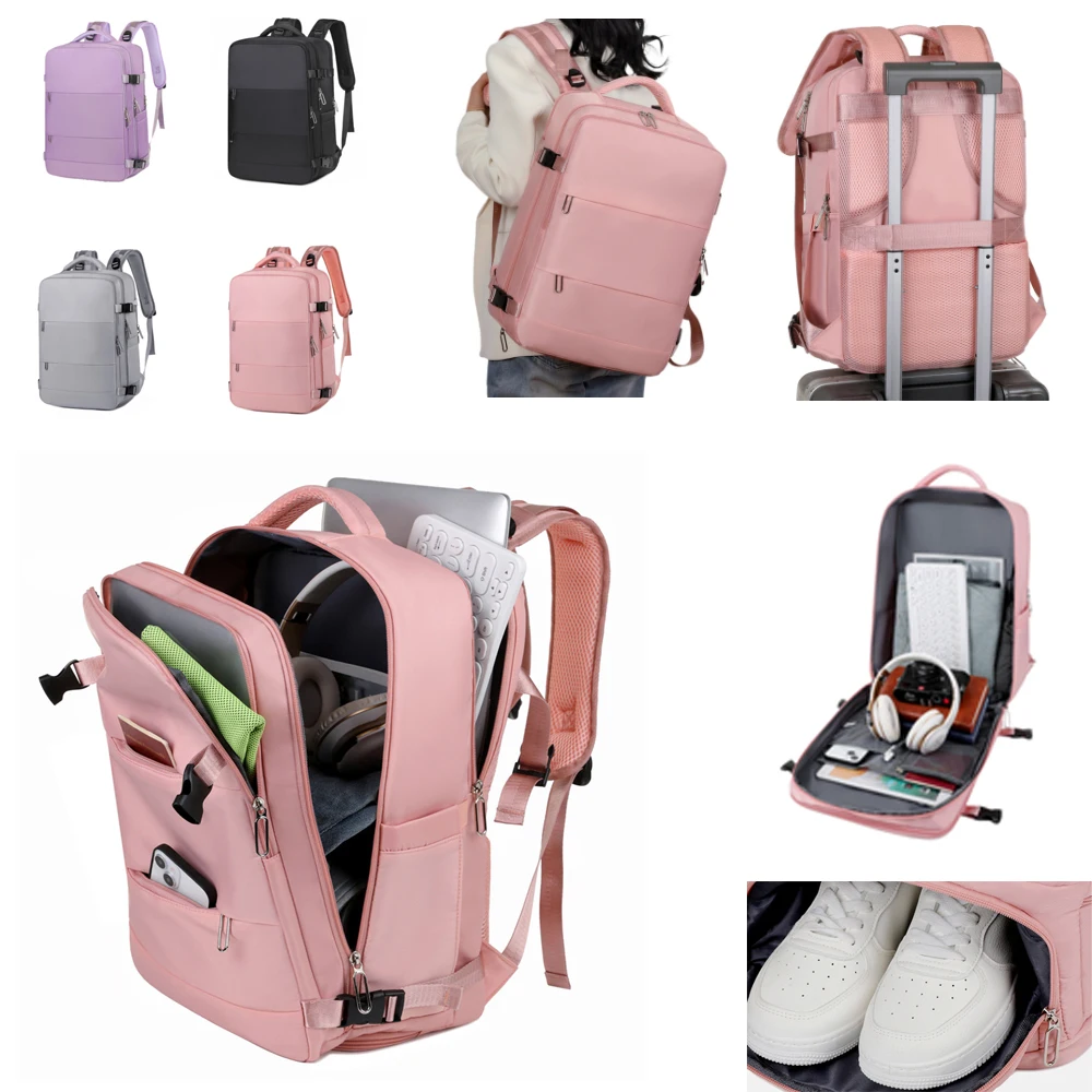 Cabin Size 180° Open Laptop Backpack for Women Minimalist School Travel Backpack with Shoes Compartment Waterproof Handbag