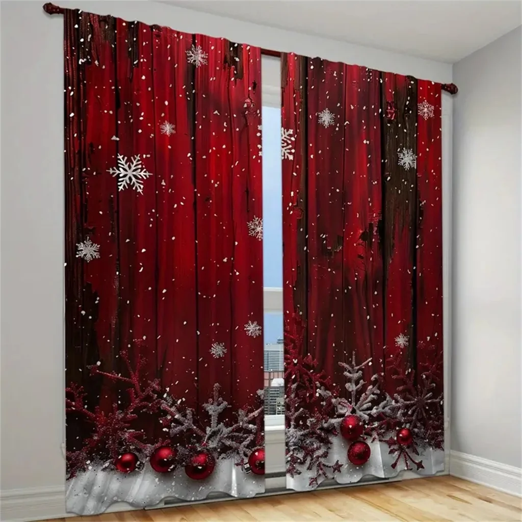 

2pcs Set Red Christmas Curtains -Soft Polyester, Rod Pocket Design for Living Room & Bedroom Kitchen Decor -Machine Washable