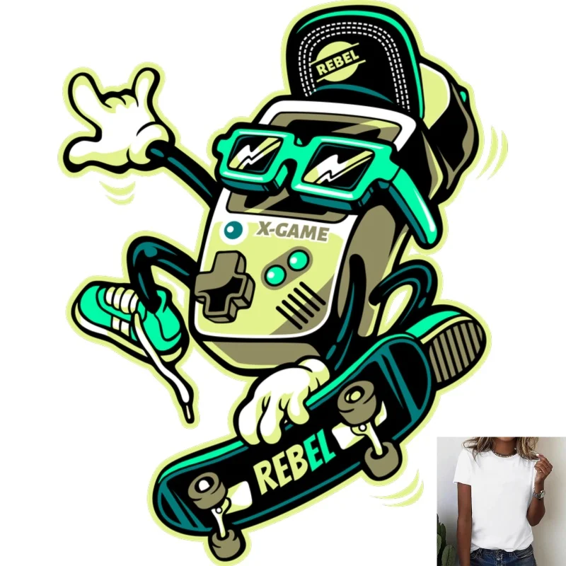 Trendy Game Console & Skateboard Pattern Heat Transfer White Ink Iron - on, Suitable for T - Shirts/Canvas Bags, Street - Style