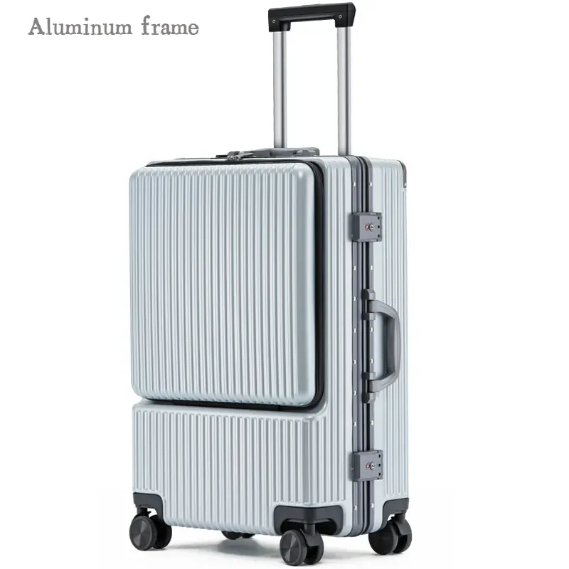 Aluminum Frame Front Opening Luggage Travel Suitcases on Mute Wheels PC Business Box Trolley Password USB Rolling Case Carry-Ons