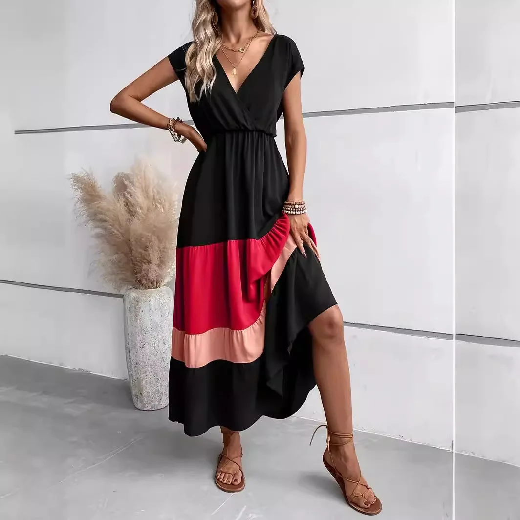 New Pleated Dress V-neck Pressed Color Matching Dress Casual Loose Waist Long Wide Dress