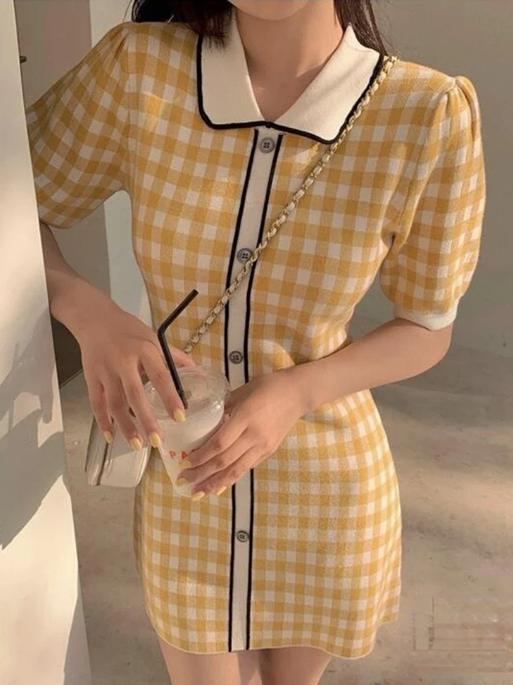 Woherb Vintage Plaid Knitted A-line Dress Women 2024 Summer Short Sleeve Single-breasted Elegant Fashion Ladies Vestidos Mujer