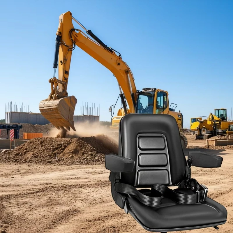 Black universal seat with wraparound seatbelt and armrests for excavators, forklifts, tractors, loaders