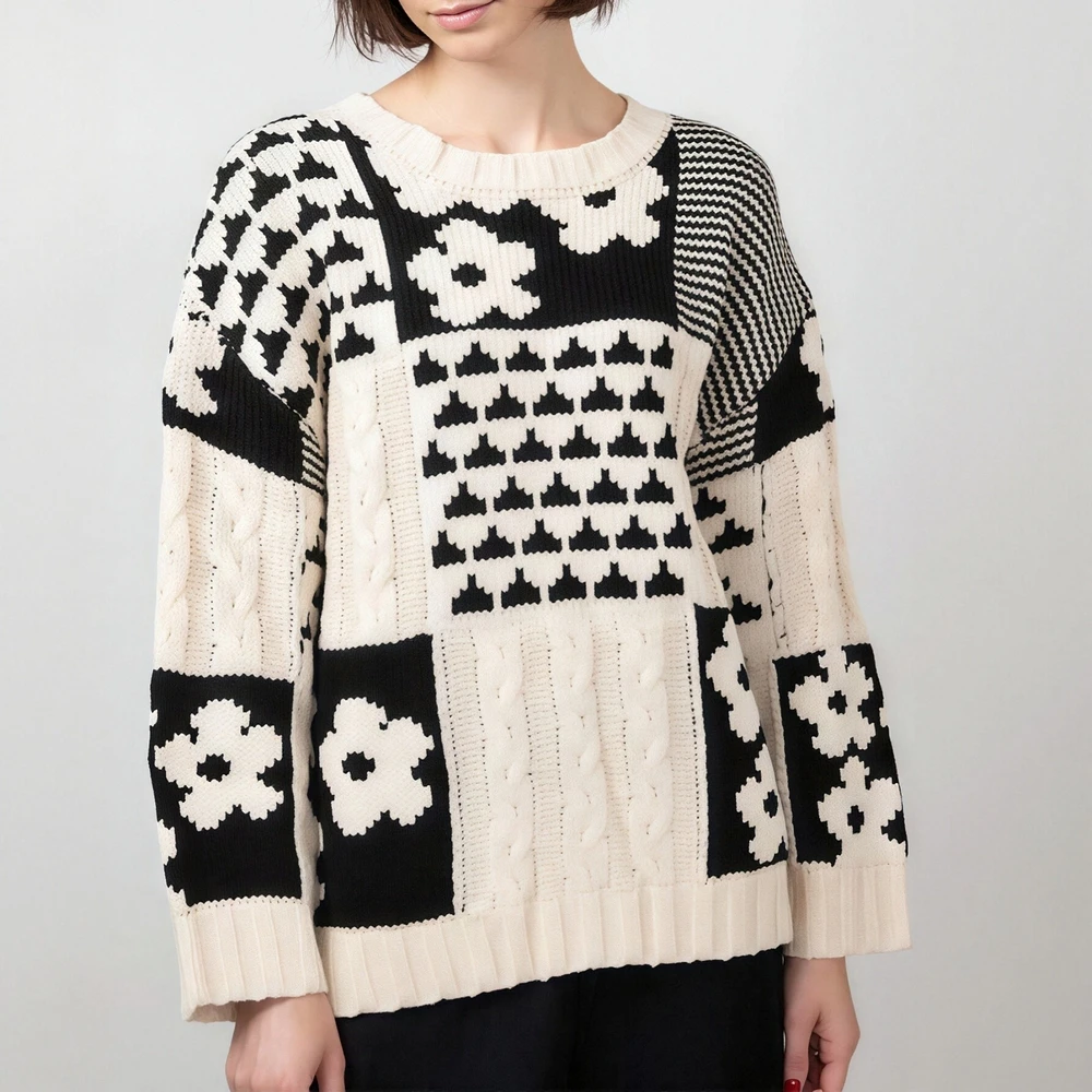 Dames casual losse ronde hals trui vierkant bloemenpatroon Europese en Amerikaanse stijl herfst winter mode