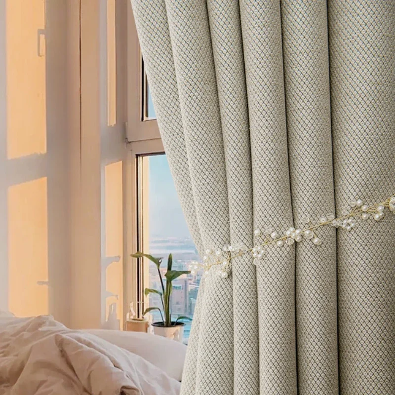 Solid Color Thickened Blackout Curtains for Living Room Luxury Bedroom Simple Grid Texture Hotel Window Stitching Elegant Custom