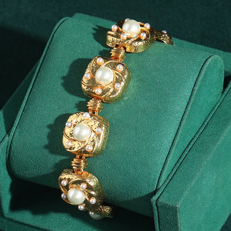 

Vintage Pearl Bracelets For Women 18k Real Gold Color Square Patterned Wedding Accessories Charms Luxury Dubai Jewelry 2025
