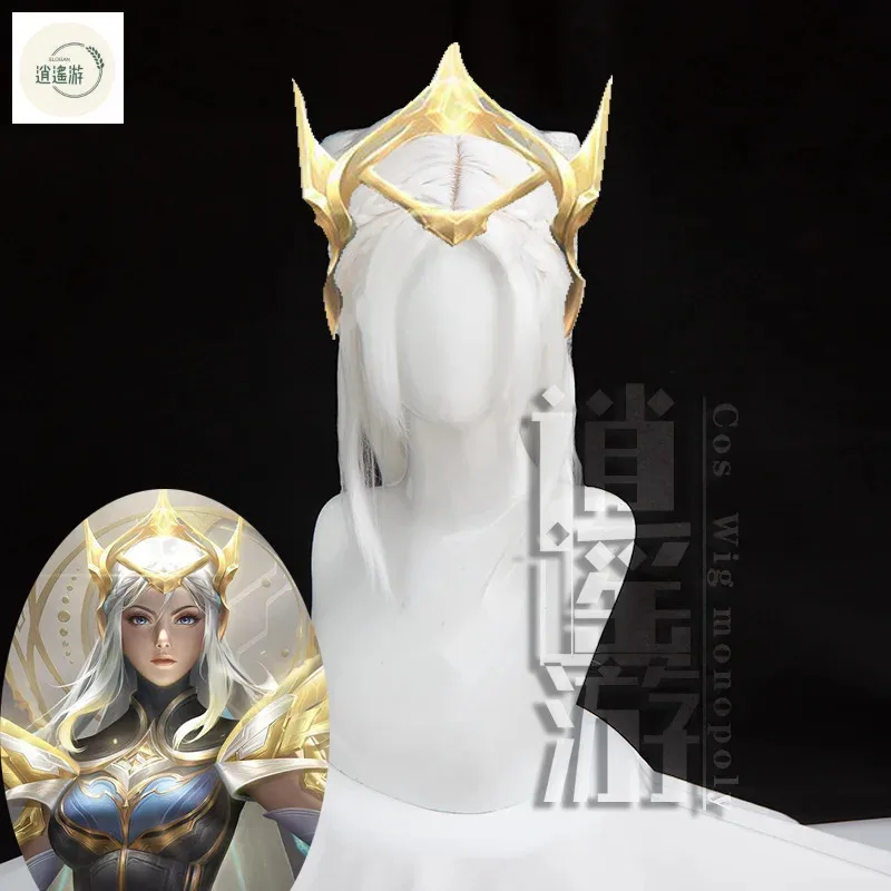 Peluca Honor of Kings Luna Cos de 75CM, pelo largo blanco, pelo sintético resistente al calor, pelucas de Cosplay de Anime para fiesta de Halloween + gorro de peluca