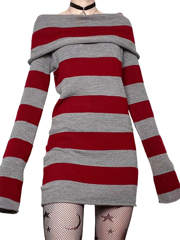 Женское осеннее платье в полоску с вырезом лодочкой и длинным рукавом, облегающее короткое платье Y2K, готические вечерние платья с запахом на бедрах