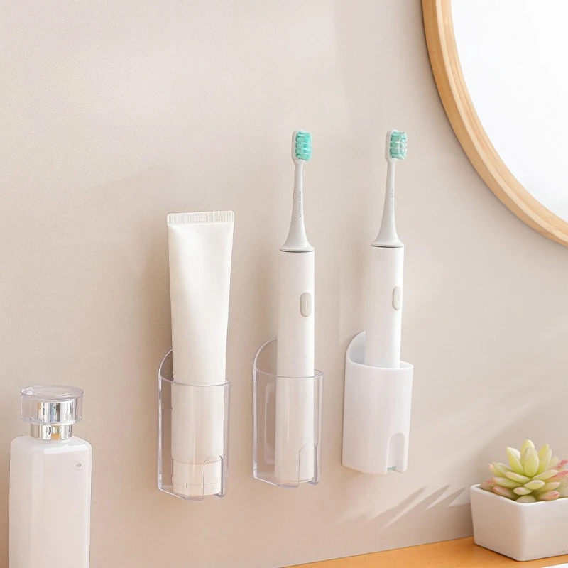 

1Pc Wall Mount Electric Toothbrush Holder – Plastic Self-Adhesive Design with Socket Slot, Clear Bathroom Organizer
