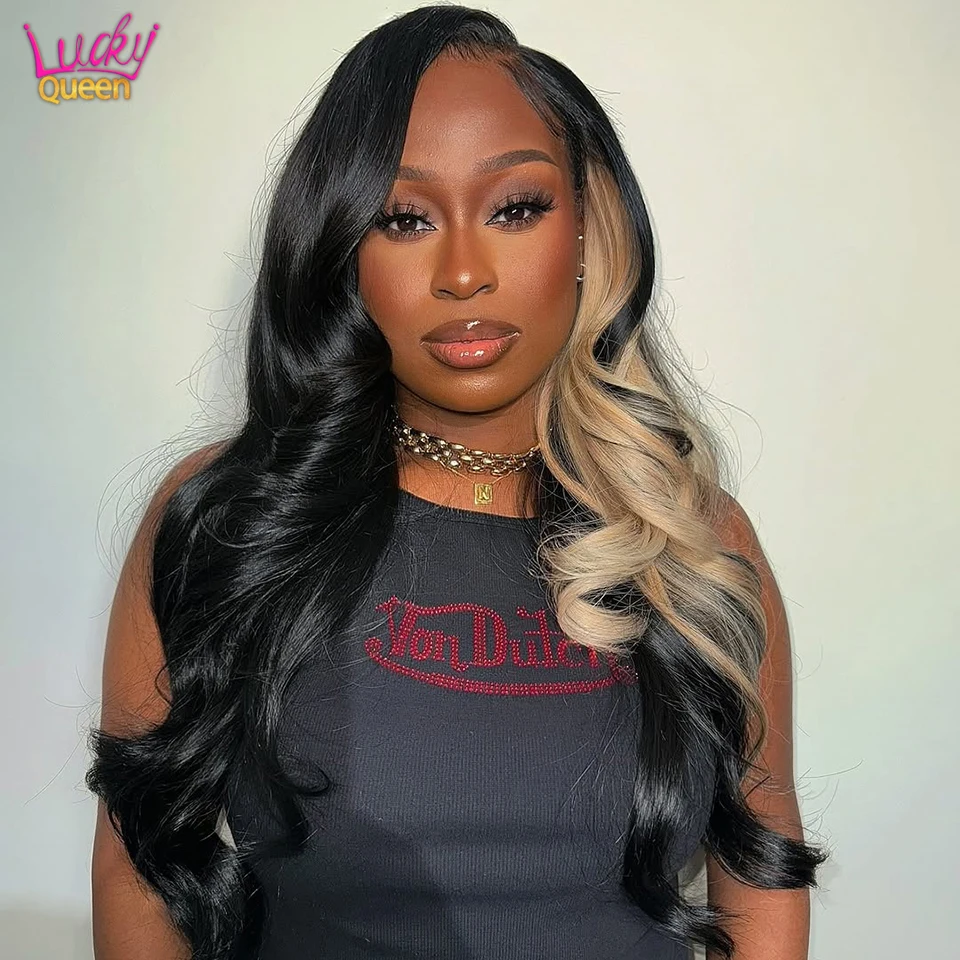 

Black Meets 613 Blonde Highlight 180Density Brazilian Human Hair Wig Front Pre Plucked Transparent Lace For Women Body Wave 13X6