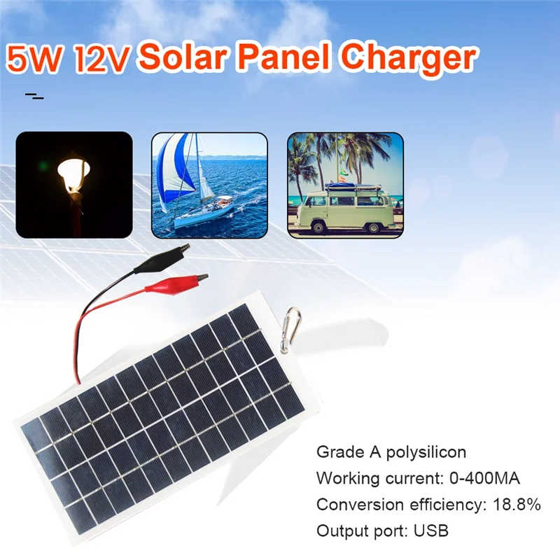 5W 12V Polysilicon Solar Panel Outdoor Portable Waterproof Charging Panel with Clips Can Charge 9-12V Battery