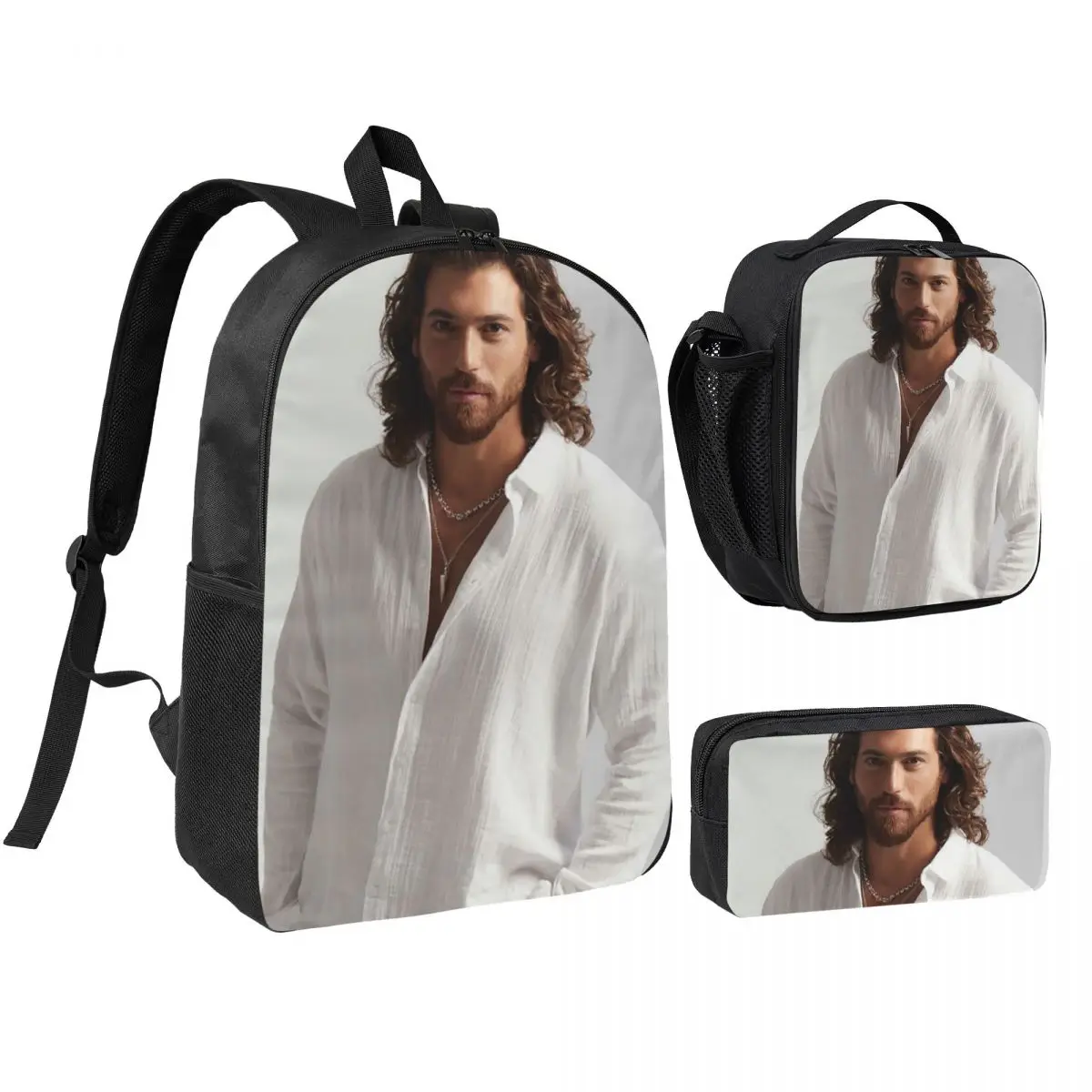 Actor Can Yaman Photo Backpack Boys Girls BookBag School Bag Shoulder Bags 3ps Insulated Lunch Bag Pencil Case