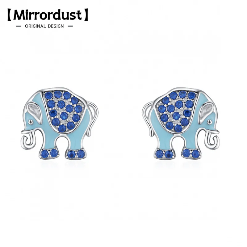 【Mirrordust】Srebrne kolczyki sztyfty S925 z mikro-inkrustowanymi cyrkoniami w kształcie słonia dla kobiet, niszowe kolczyki emaliowane ze zwierzętami