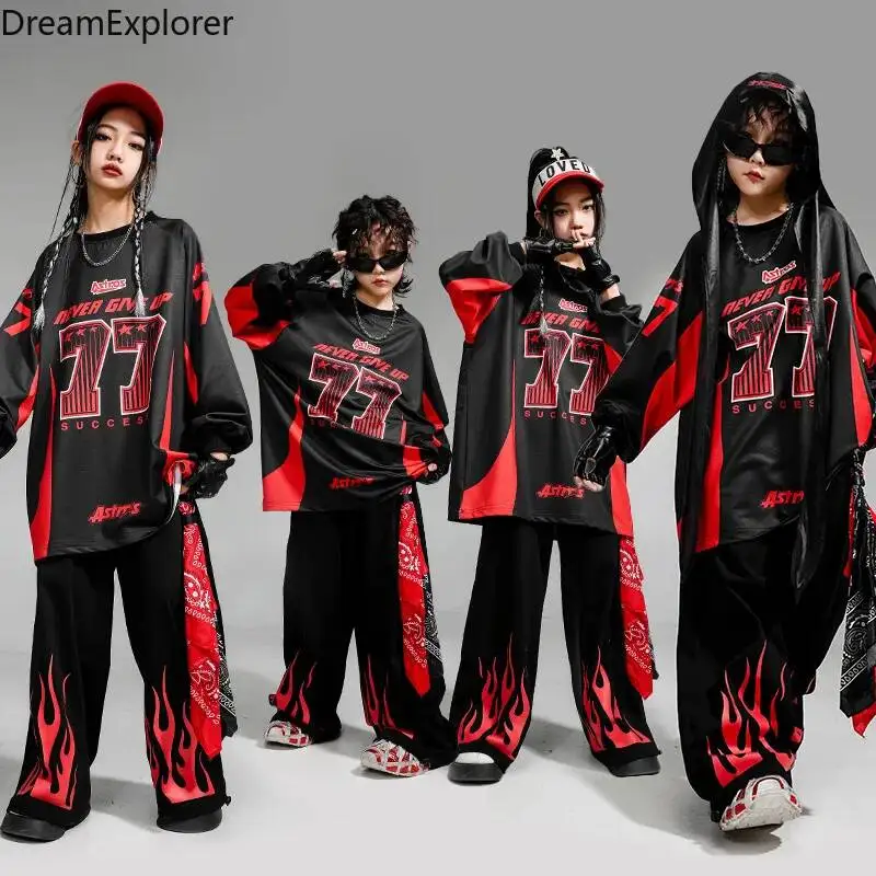 Black Hop Hip Contrast Sweatshirt Fire Joggers Pants Women K-pop Street Dance Costumes Jazz Clothes Sets Halloween Streetwear
