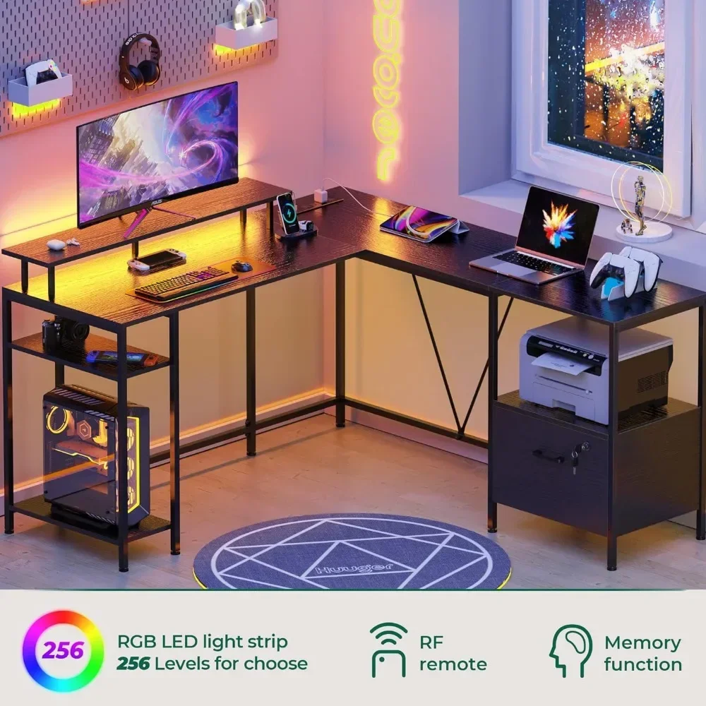 OEING Huuger L Shaped Computer Desk with Power Outlets & LED Lights, Reversible Computer Desk with File Cabinet