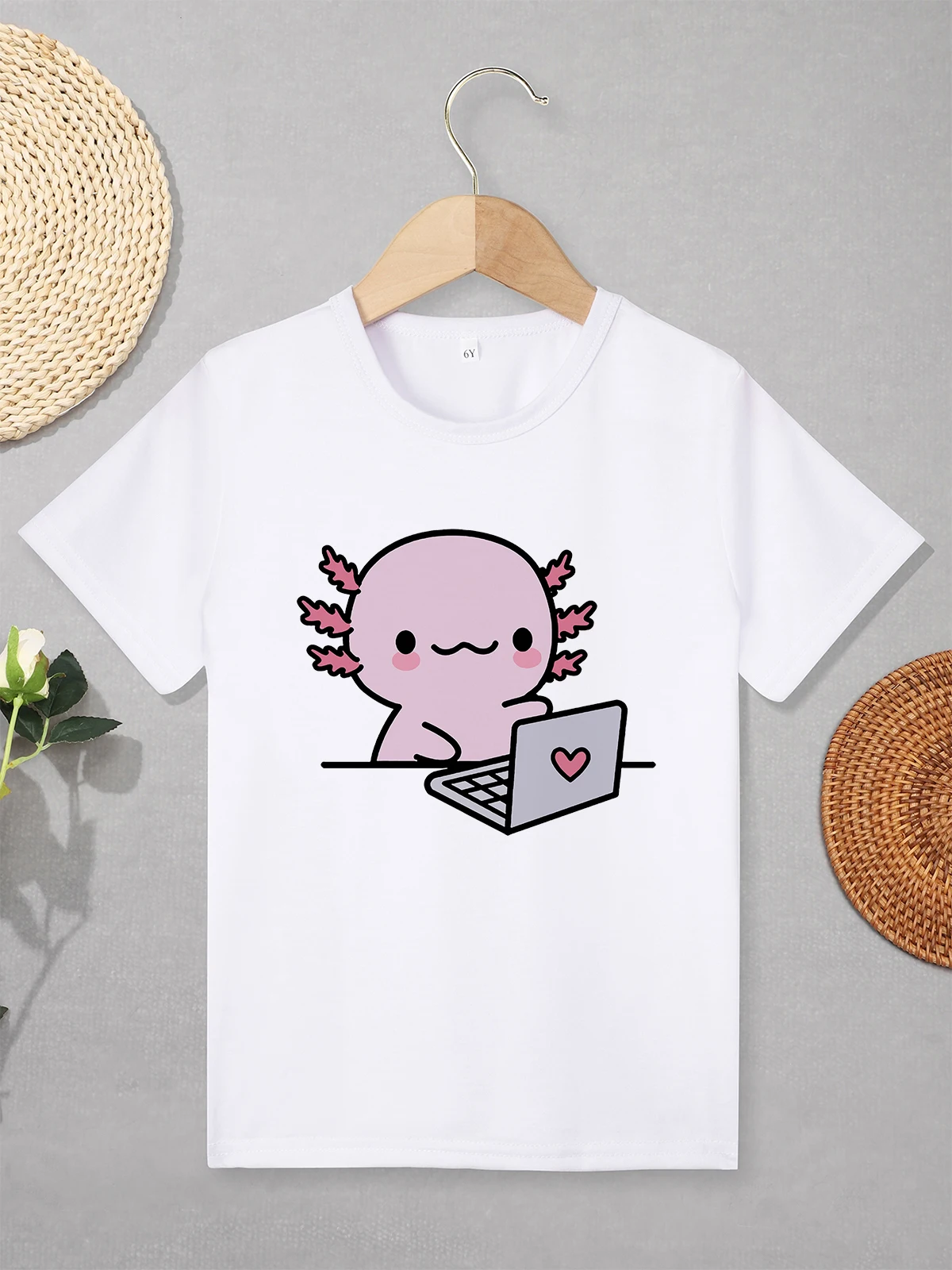 Kawaii Harajuku Cartoon Axolotl T Shirt Kids Girls Boys Fashion Street Casual Clothes Outdoor Play All-match Children's T-shirt