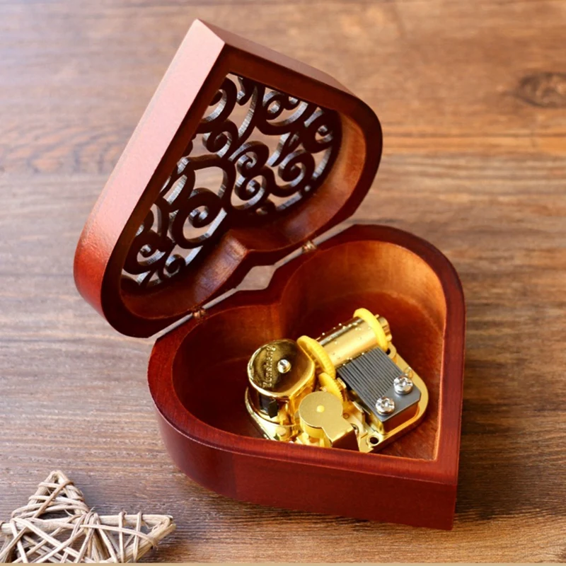

E- Heart Shape Wooden Carved Mechanism Musical Box Wind Up Music Box, Gift For Christmas/Birthday/Valentine's Day