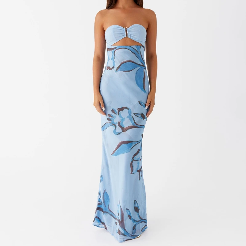 فستان Maemukilabe نسائي طويل بدون حمالات بلون سادة/طباعة الأزهار فستان طويل موضة الصيف بدون ظهر مع وشاح