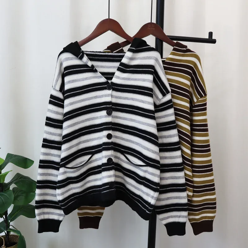 

2024 Women Striped Sweater Hooded Cardigan Kintted Pockets Spring Autumn Vintage Winter Streetwear Y2k Jumper Coat Cardigans