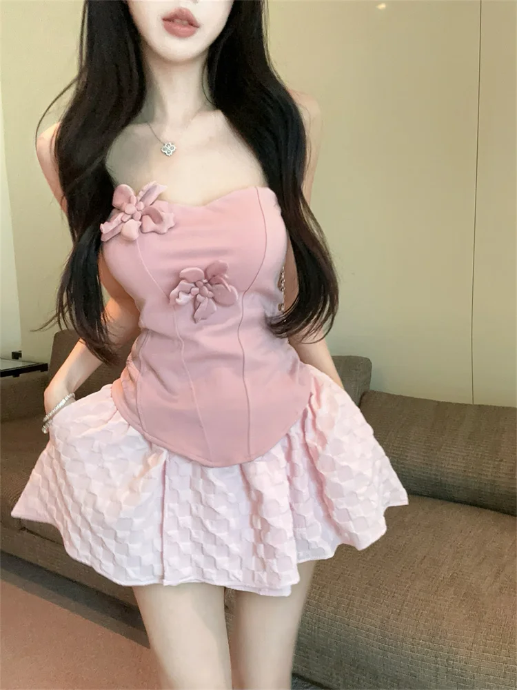 

Милый жилет без бретелек с объемным цветком и юбка-зонтик трапециевидной формы, сексуальные вечерние комплекты из 2 предметов, женский комплект из двух предметов, наряды