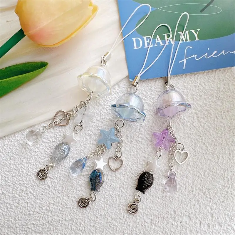 Lanyard Keychain Pendants Backpack Keyring Bag Hang Ornaments Gift Cute Sweet Glass Starfish Fish Wind Chime Mobile Phone Chain