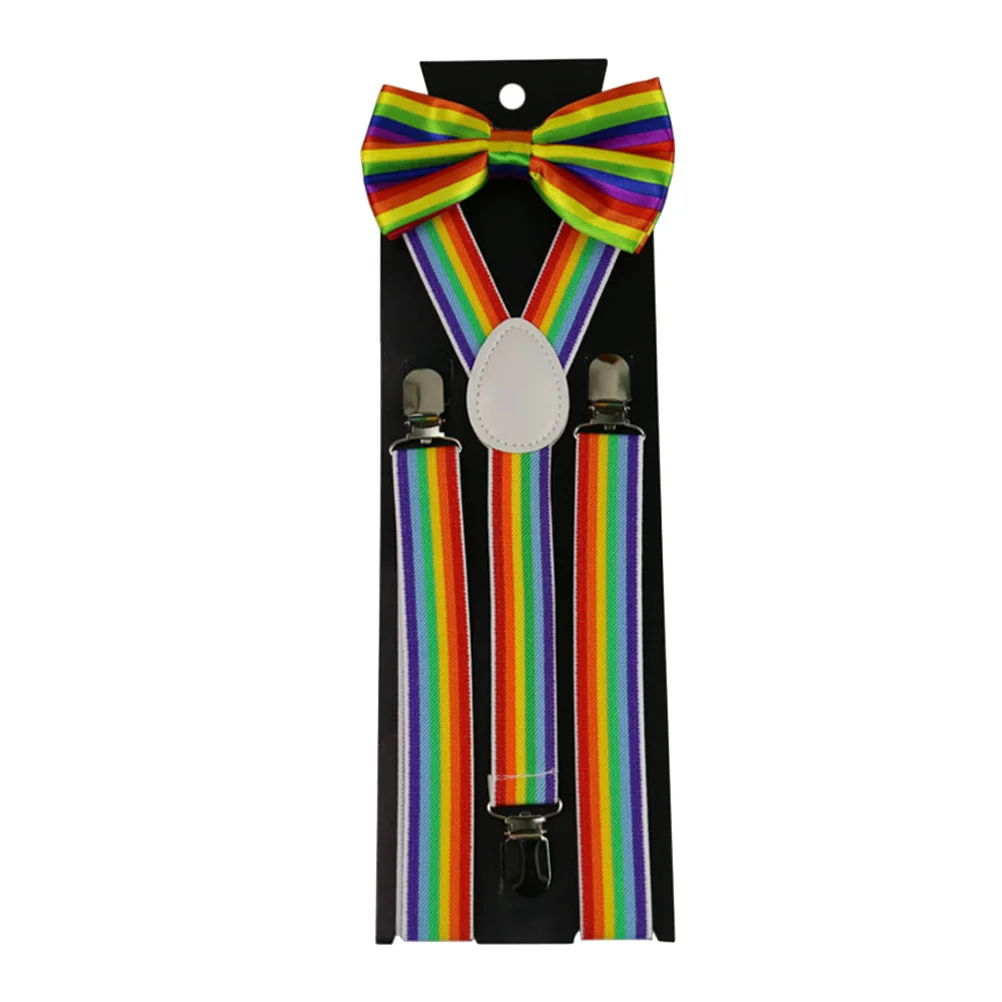 

2pcs Rainbow Striped Suspenders Tie Set Colorful Party Accessory Bright Decorative Dress up Fashion Mens