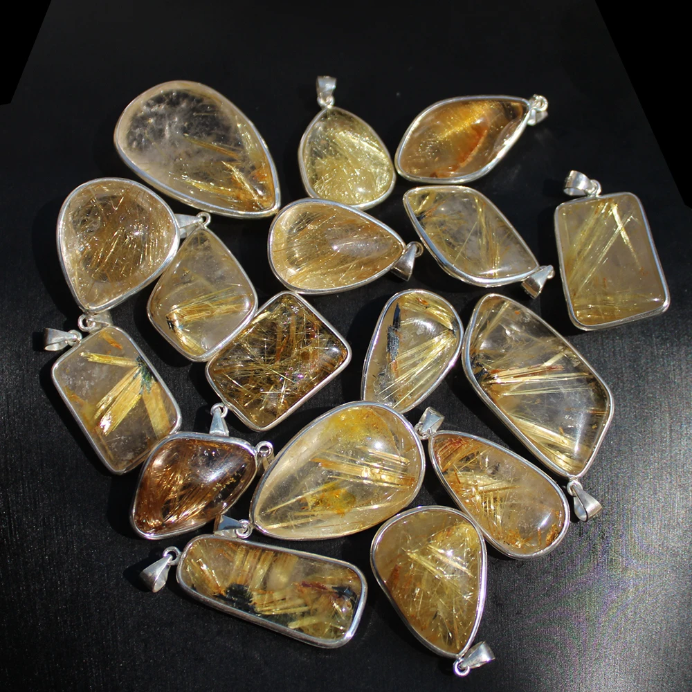 Unit One Piece 925 Silver With Free Shaped Natural Golden Flash Rutile Quartz Crystal Pendant For Gift