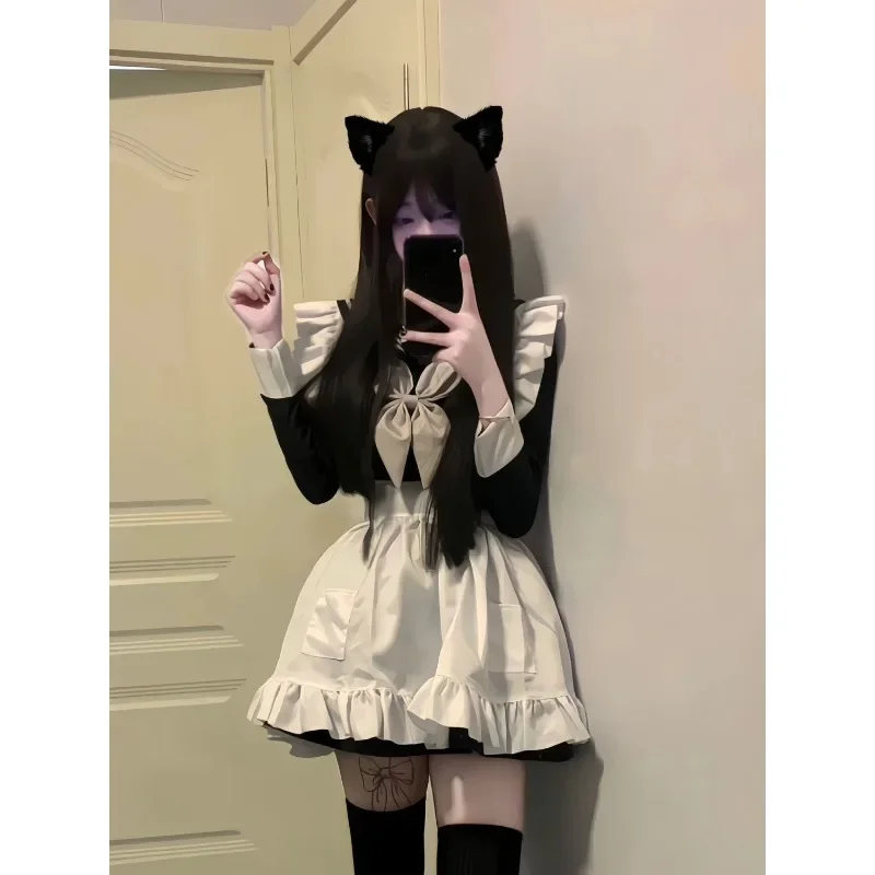 Vestido Lolita feminino com babados avental fino, roupa de empregada de manga comprida, preto doce, pescoço, laço, doce, Y2K, E-Girl, fofo, uniforme, japonês