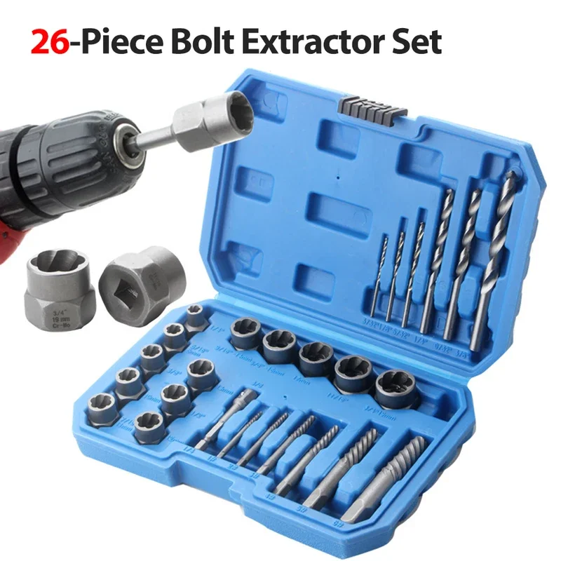 26Pcs/set Removing Damaged Rusted Rounded Bolts Nuts Screws Spiral Screw Bolt Extractor Set Drill Bits Extraction Socket Set