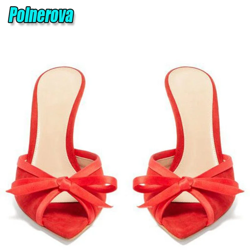 

Bowknot Red Suede Slippers for Women Summer New Peep Toe Thin High Heel Shoes Elegant Ladies Party Wedding Shoes Stiletto Heels