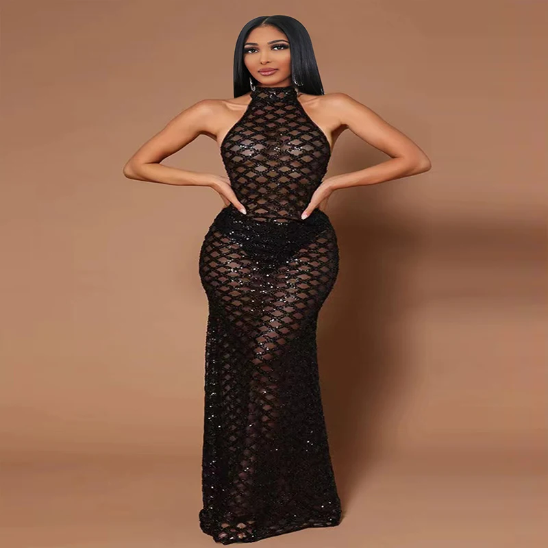 

Women's neck hanging sexy solid color perspective backless nightclub party dress fashionable hot diamond sequin slim fit dress
