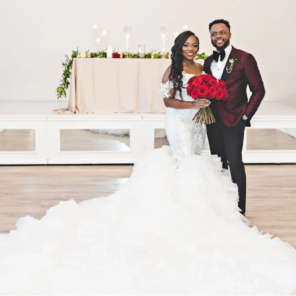 

Индивидуальное африканское роскошное свадебное платье русалки с кристаллами и бусинами, с открытыми плечами, каскадными оборками, Vestido De Noiva, свадебное платье