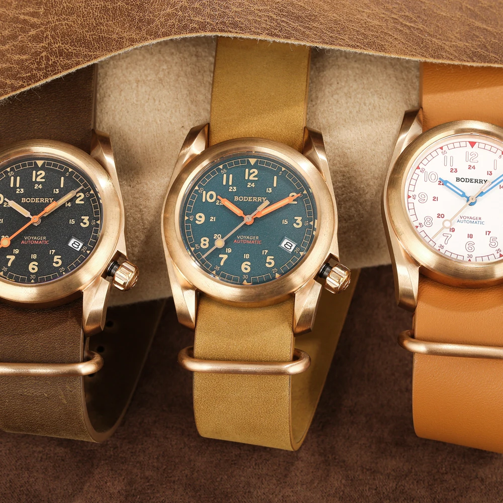 Boderry VOYAGER relojes de campo caja de bronce reloj mecánico automático 100M reloj impermeable reloj de pulsera militar Vintage para hombre