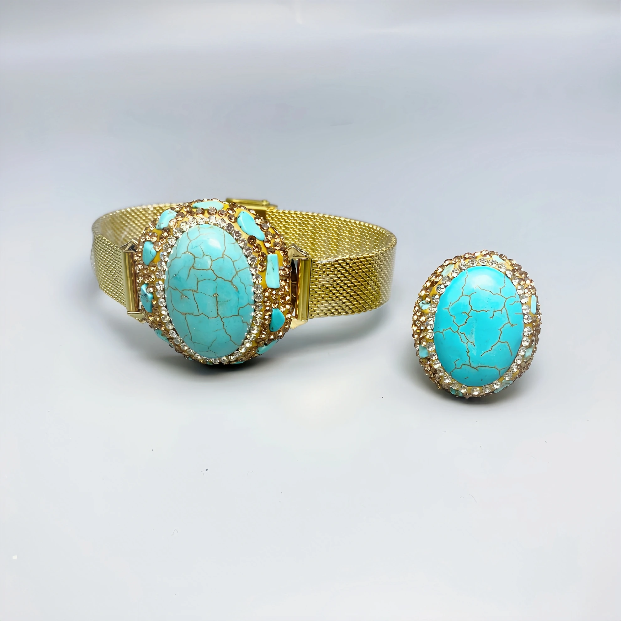 

French Oval Turquoise Crystal Bracelet Finger Rings Inlaid Rhinestone Gemstone Statement Jewelry Sets Stainless Steel Belt Chain