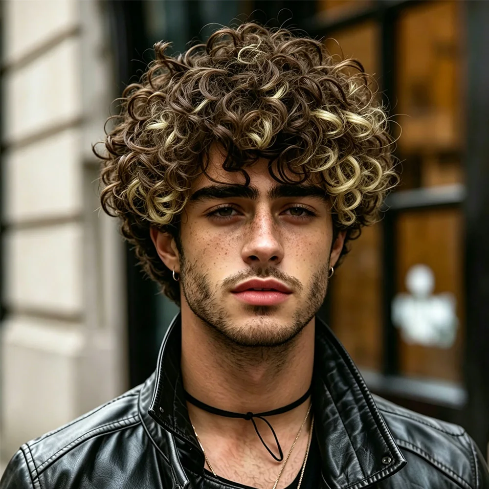 

Женский короткий парик из натуральных волос, коричневый с блондом, кудрявый, стрижка пикси, с челкой, многослойный, с мелированием, машинной работы