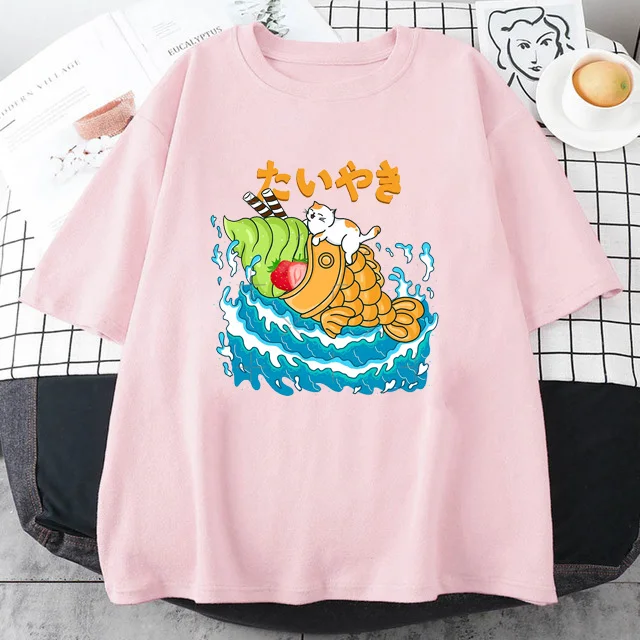 Kawaii Taiyaki and Cat Funny Graphic Cotton Pink Tshirt Women Summer Tee Shirt Novelty Cute Fashion Lovely Print Streetwear Tops