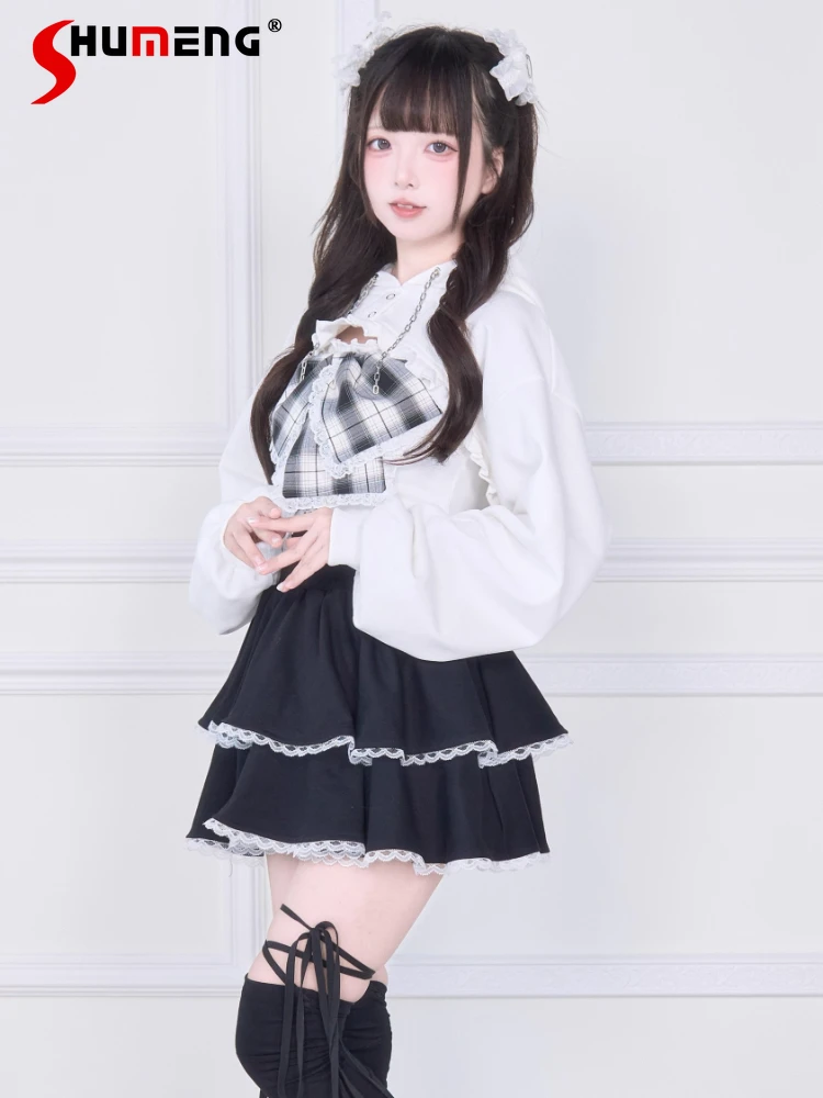 الأصلي اليابانية قداس الإنتاج ثقافة فرعية مقنعين طويلة الأكمام قصيرة البلوز القوس منقوشة تانك القمم قطعتين مجموعة للنساء الخريف