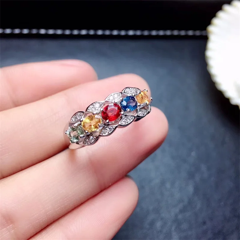 Natural Multicolor Sapphire Ring for Women S925 Sterling Silver Yellow Blue Green Red  Fine Elegant Jewelry with Certificate