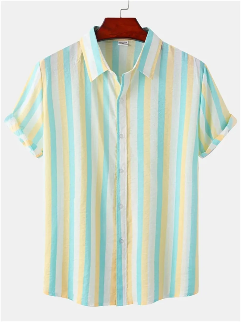 Chemise à manches courtes à rayures verticales pour hommes, chemise à revers boutonnée, chemise formelle couvertes, adaptée au quotidien décontracté ou aux vacances