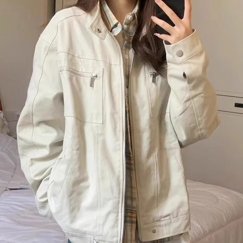 American Retro Denim Jacket Women's Spring Autumn Loose Casual Workwear Sports Top Polyester Fiber Long Sleeve Zipper Closure
