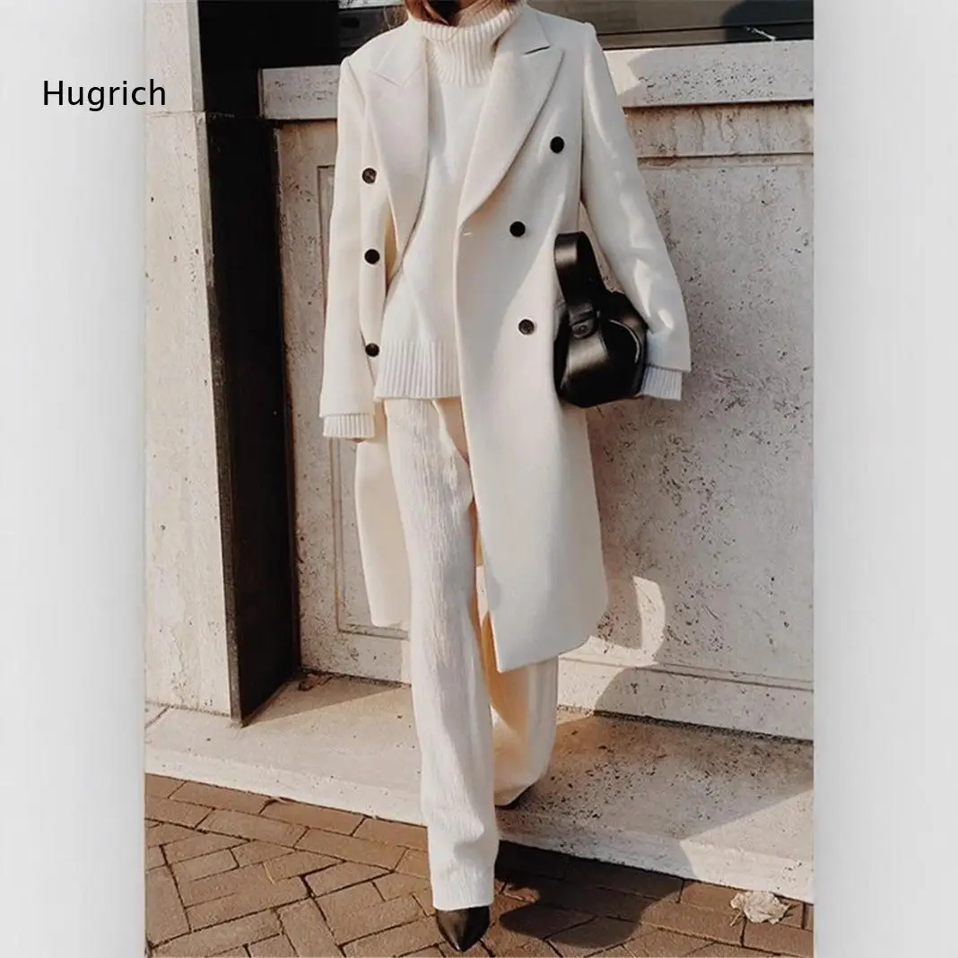 Ladies Notched Lapel Double Breasted Long Overcoat Loose Cut Mid Length Outer Layer For Office Work And City Street Occasions