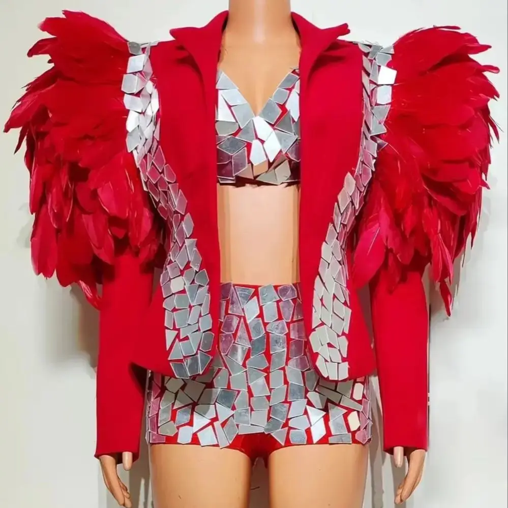 

New Female Black Feather Costume Women Mirror Coat Sexy Performance Clothing Bikini Nightclub Dancing Outfit disfraz halloween