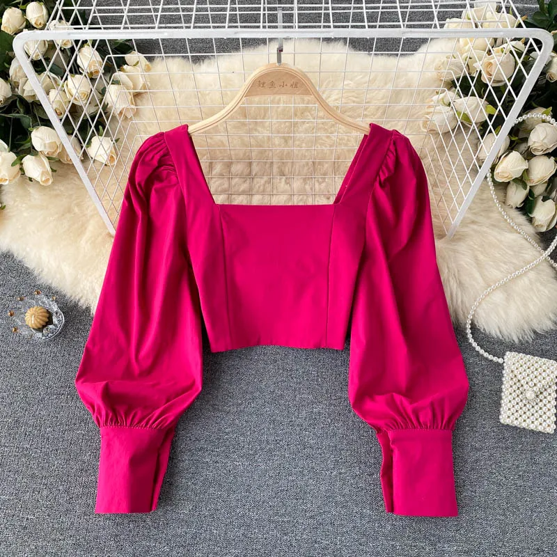 T686 Ins Short Tops Women 2021 Spring Autumn New Fashion Party Square Collar Slim Long Sleeve Shirt Solid Color Blouse