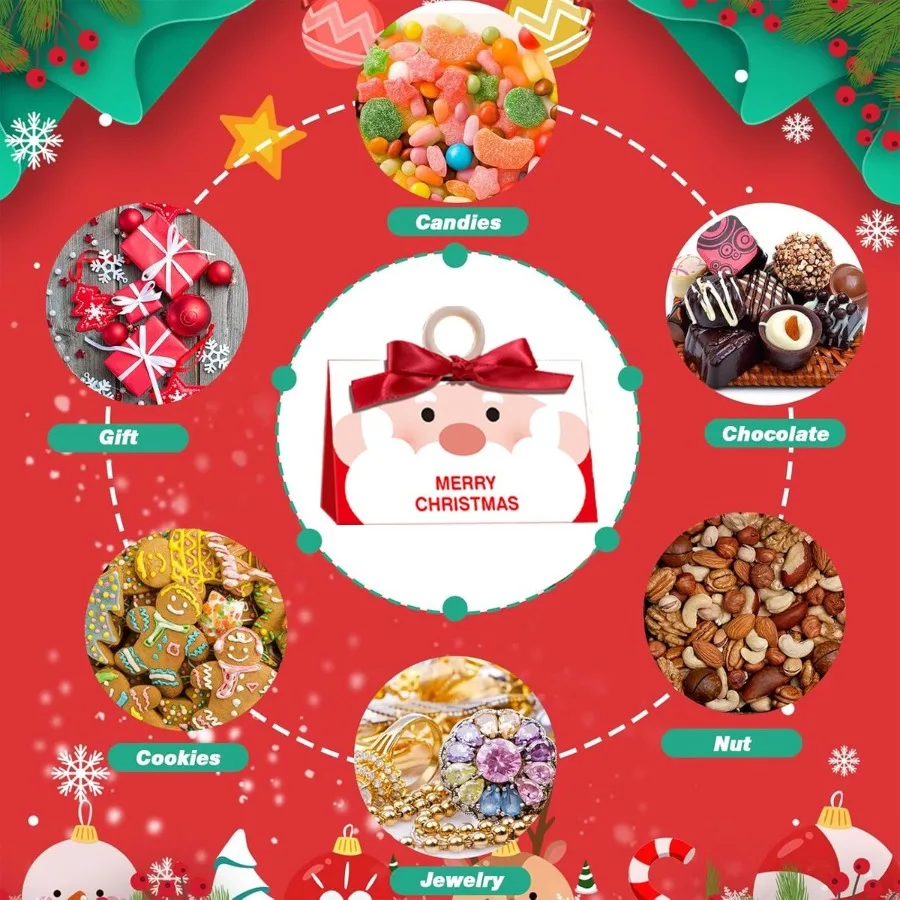 10 Pcs Christmas Candy Boxes with Ribbon and Wooden Ring Merry Christmas Santa Claus Pattern Cookie Goodie Box Cartoon Paper Tr